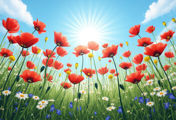 Red poppy flowers in a summer field create a beautiful landscape.