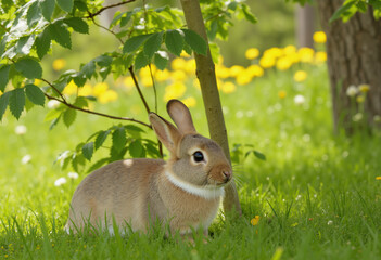 cute rabbit in the forest glade sits on the grass under tree branch and looks with raised ears