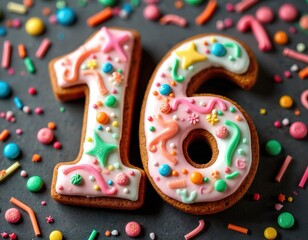 Festive decorated cookie displays number sixteen, perfect for birthdays, anniversaries. Colorful sprinkles, candy adorn sweet treat. Celebration, party theme. Bakery, baked goods for sixteen years.