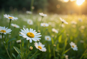 Spring meadow with blooming daisies, Beautiful nature and Wild flowers