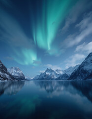 Northern lights at night over mountains and lake, beautiful winter landscape