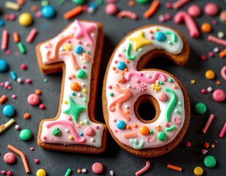 Festive decorated cookie displays number sixteen, perfect for birthdays, anniversaries. Colorful sprinkles, candy adorn sweet treat. Celebration, party theme. Bakery, baked goods for sixteen years. - Powered by Adobe