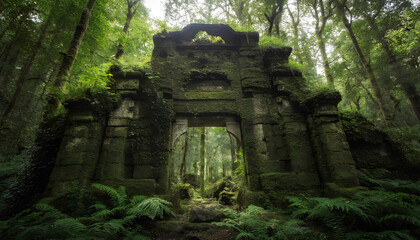 An ancient stone gate covered with moss and lichen stands in the middle of a dense green forest with tall trees and ferns.