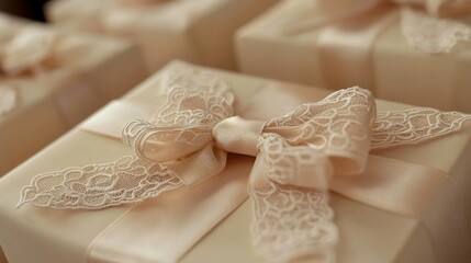 Delicate gift boxes with lace ribbon, soft lighting