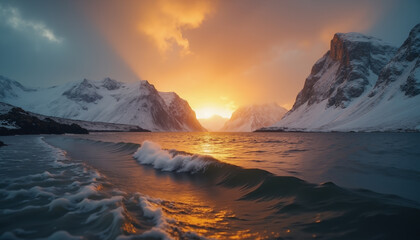 A beautiful northern landscape at sunset, with snow-covered mountains and rolling sea waves.