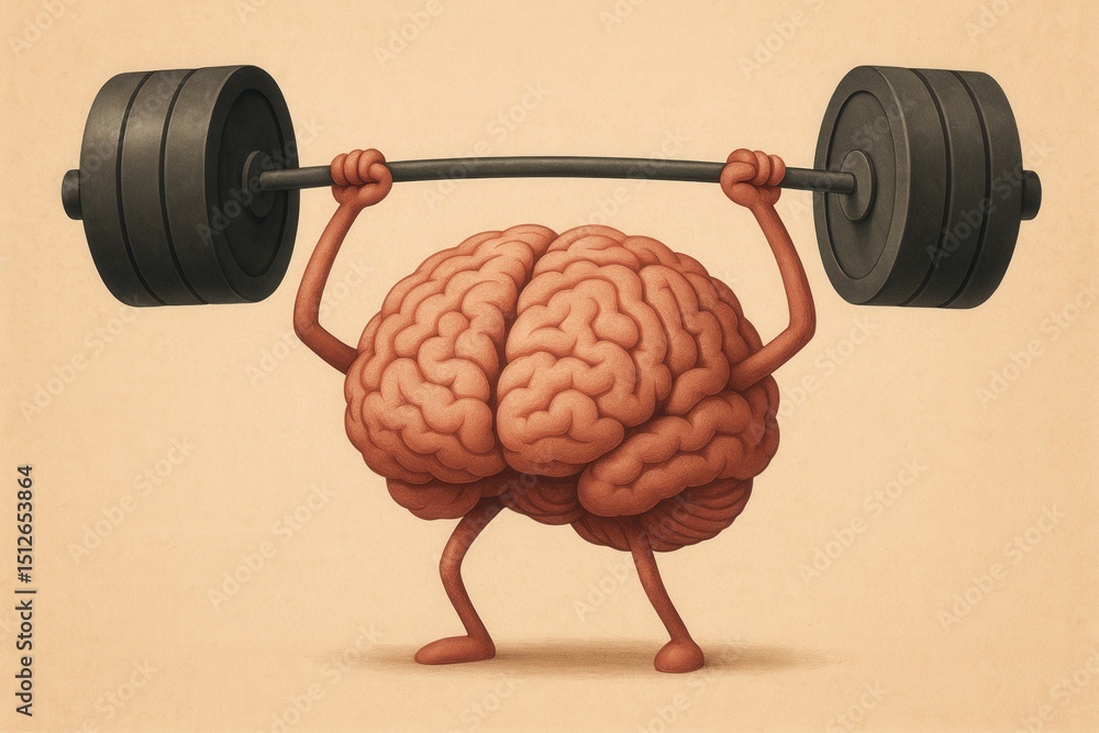 Poster conceptual image human brain effortlessly lifting a heavy dumbbell symbolizing strong mental power a