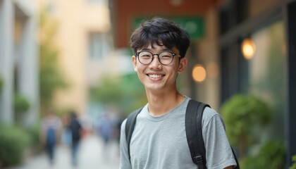 Fototapeta premium Asian college student wears glasses, smiling at camera. Young man with backpack outdoor. Person looks happy, positive emotion. Urban lifestyle, city life. Student in shortsleeves