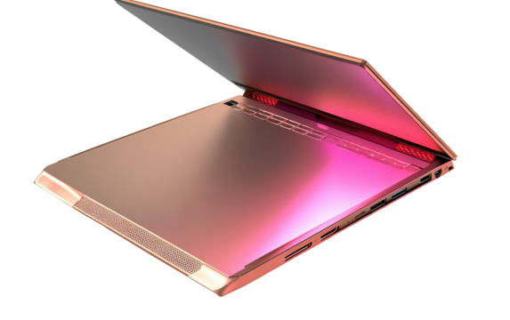 Contemporary slim metallic laptop with minimalist styling partially opened for professional and stylish computing isolated on transparent background PNG