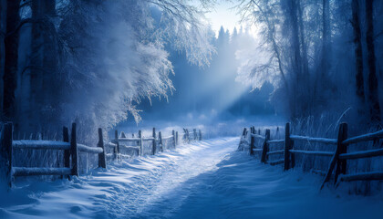 A snowy path leads through a winter forest, the trees and bushes covered with frost.