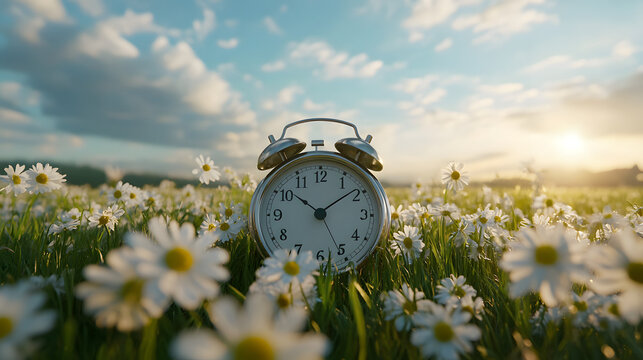 Spring forward. Time change in spring. Daylight saving time. Alarm clock on beautiful nature background with green grass and white flowers meadow