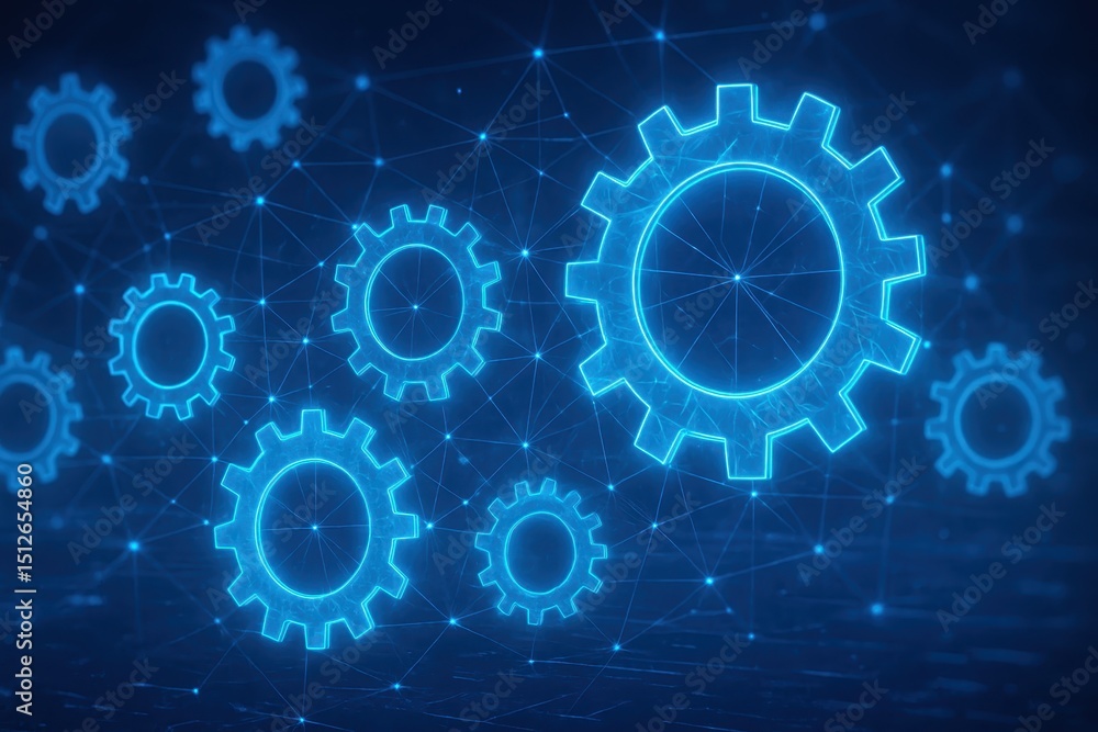 Poster futuristic abstract design with interconnected blue digital gears symbolizing ai innovation and tech