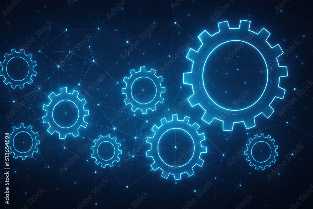 Poster futuristic abstract design with interconnected blue digital gears symbolizing ai innovation and tech