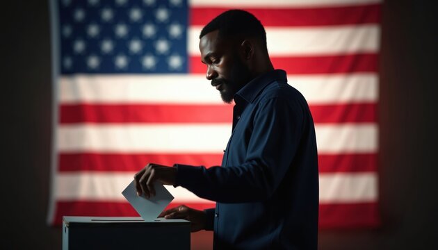 African American man casts vote during election. Black male voter places ballot in voting box. USA flag background. Democracy, civic duty, freedom, elections, voting rights.
