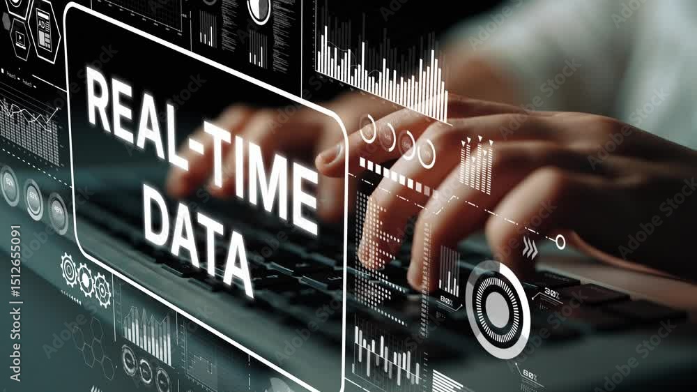 Poster hands typing on keyboard with real-time data visualization, digital interface and analytical charts 