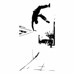 Athletic man performing parkour jump over a wall in urban environment