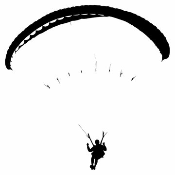 Paraglider soaring through the sky with parachute against white backdrop  