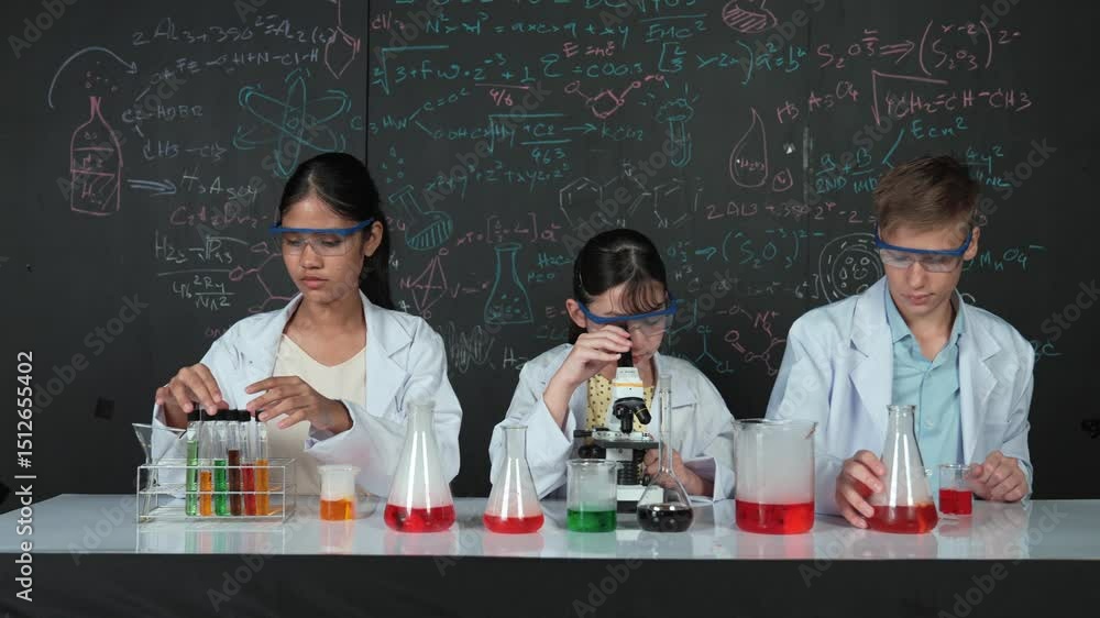 Poster cute girl looking under microscope while student doing experiment at blackboard with theory written.