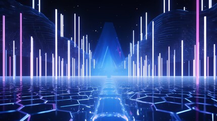 Futuristic cityscape with neon lights and a blue triangle in the middle. The atmosphere is futuristic and mysterious