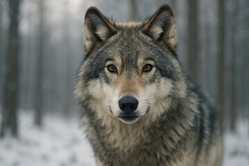 Obraz premium Majestic Grey Wolf Close Up Portrait Against a Softly Blurred Winter Forest Background with Ample Copy Space