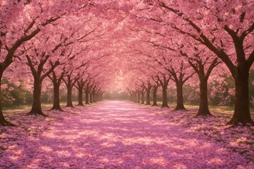 Naklejka premium Picturesque Tunnel of Blooming Sakura Cherry Blossom Trees in Japan A Beautiful Spring Landscape Pathway