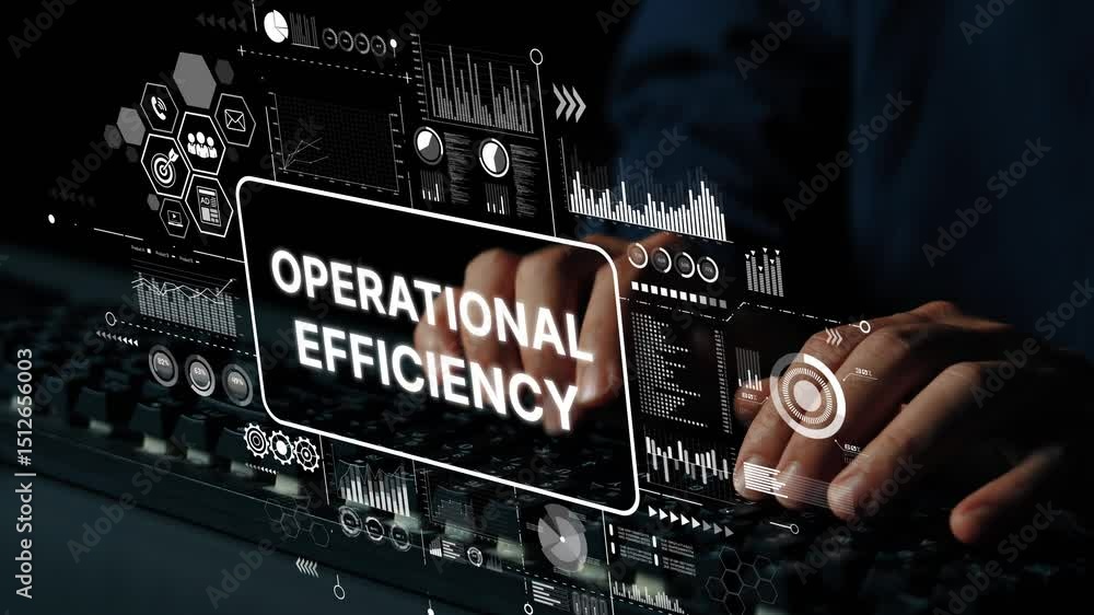 Poster hands typing on keyboard with data analytics and operational efficiency concept in modern digital wo