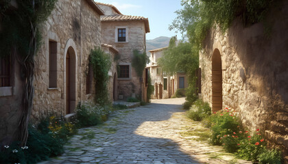 The winding cobbled street runs between old stone houses covered with greenery and flowers.