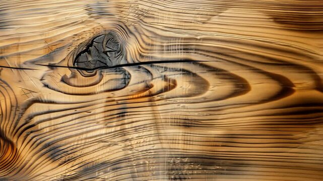 Close-up of textured wooden surface with natural patterns and knots. Rich brown tones and grain details create a rustic appearance.