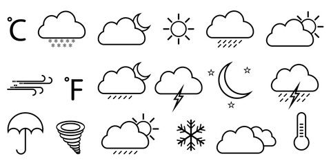Weather icon set outlined stroke icons cloud rain thunder snow temperature forcast climate flat symbols sign vector