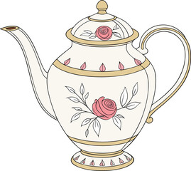 White Porcelain Teapot with Colorful Roses and Leaf Motif on Gray Background

