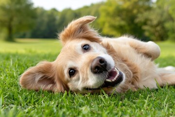 Happy dog smiles while rolling in green grass, head tilted, showing teeth and pink tongue.