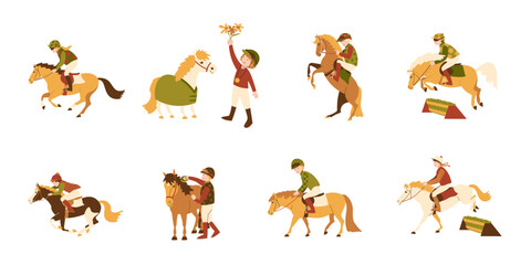 Fototapeta premium Kids and racing ponies, vector illustration set