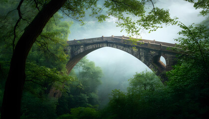 The arch of an old stone bridge rises above a misty forest with dense green vegetation.