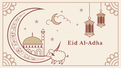 Eid al adha illustration featuring a mosque moon sheep lanterns and stars in a decorative frame design created with generated ai