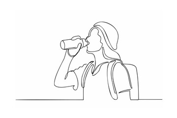 Young woman drinking water from bottle backpack line art