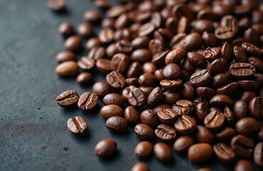 Close-up shot of roasted coffee beans on dark textured background. Rich brown beans scattered on a rough surface. Perfect for coffee shop posters cafe wall art menu design.