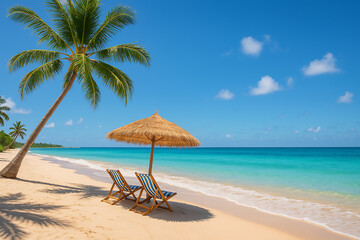 Beach Scene with Palm Tree, Beach Chairs and Umbrella on Sandy Shore