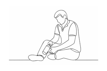 Man sitting applying spray to leg injury line art