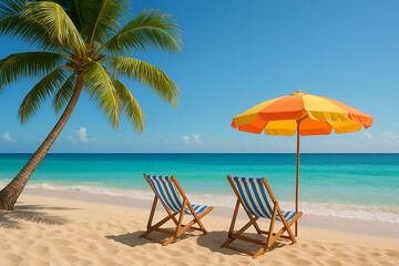 Beach Chairs on a Beach with Palm Tree and Umbrella on Sandy Shore