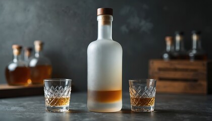Frosted glass bottle with two whisky glasses on table. Elegant composition of alcohol drinks in dark ambiance. Luxury tasting scene. Bar, party, night lifestyle.