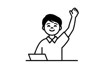 Happy boy raising hand in classroom asking question