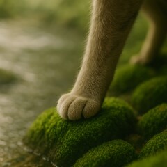 Close-up of a cat’s paw stepping on mossy rocks near a stream, soft focus background .