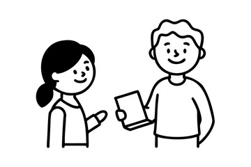 Boy and girl exchanging a book simple line art illustration