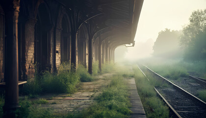 The old railway platform with its rusty metal columns and canopy is partially hidden by the thick morning fog.