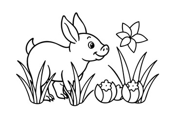 Adorable baby piglet in spring meadow coloring page