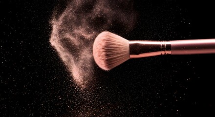 A makeup brush mid-motion as it disperses fine shimmering cosmetic powder into the air