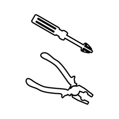 Simple black and white outline of pliers and screwdriver.