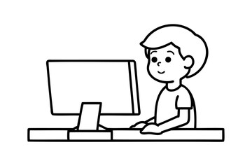 Young boy using desktop computer at desk simple line art illustration