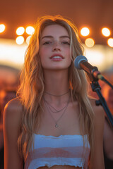 Portrait scénique d’une chanteuse sur scène au coucher du soleil ou sous les projecteurs, interprétant une chanson devant un public lors d’un concert estival en extérieur ou en intérieur