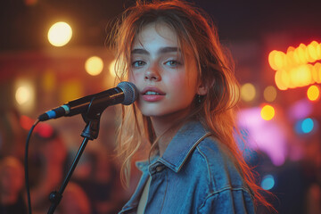 Portrait scénique d’une chanteuse sur scène au coucher du soleil ou sous les projecteurs, interprétant une chanson devant un public lors d’un concert estival en extérieur ou en intérieur