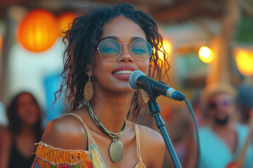 Portrait scénique d’une chanteuse sur scène au coucher du soleil ou sous les projecteurs, interprétant une chanson devant un public lors d’un concert estival en extérieur ou en intérieur